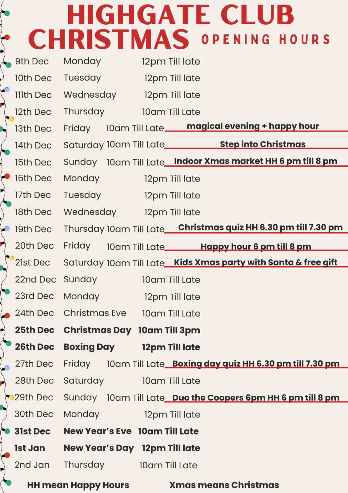Highgate Club, Christmas 2024 - Opening Hours